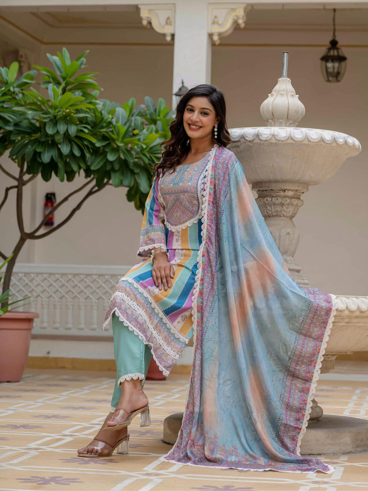 Sky Blue SlubElegance Embroidered Suit Set for Women