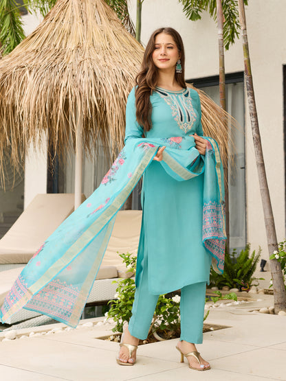 Sky Blue Embroidered Viscose Kurta Set with Organza Dupatta for Women
