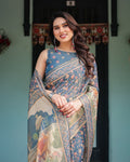 Slate Blue Floral Handloom Saree with Blouse