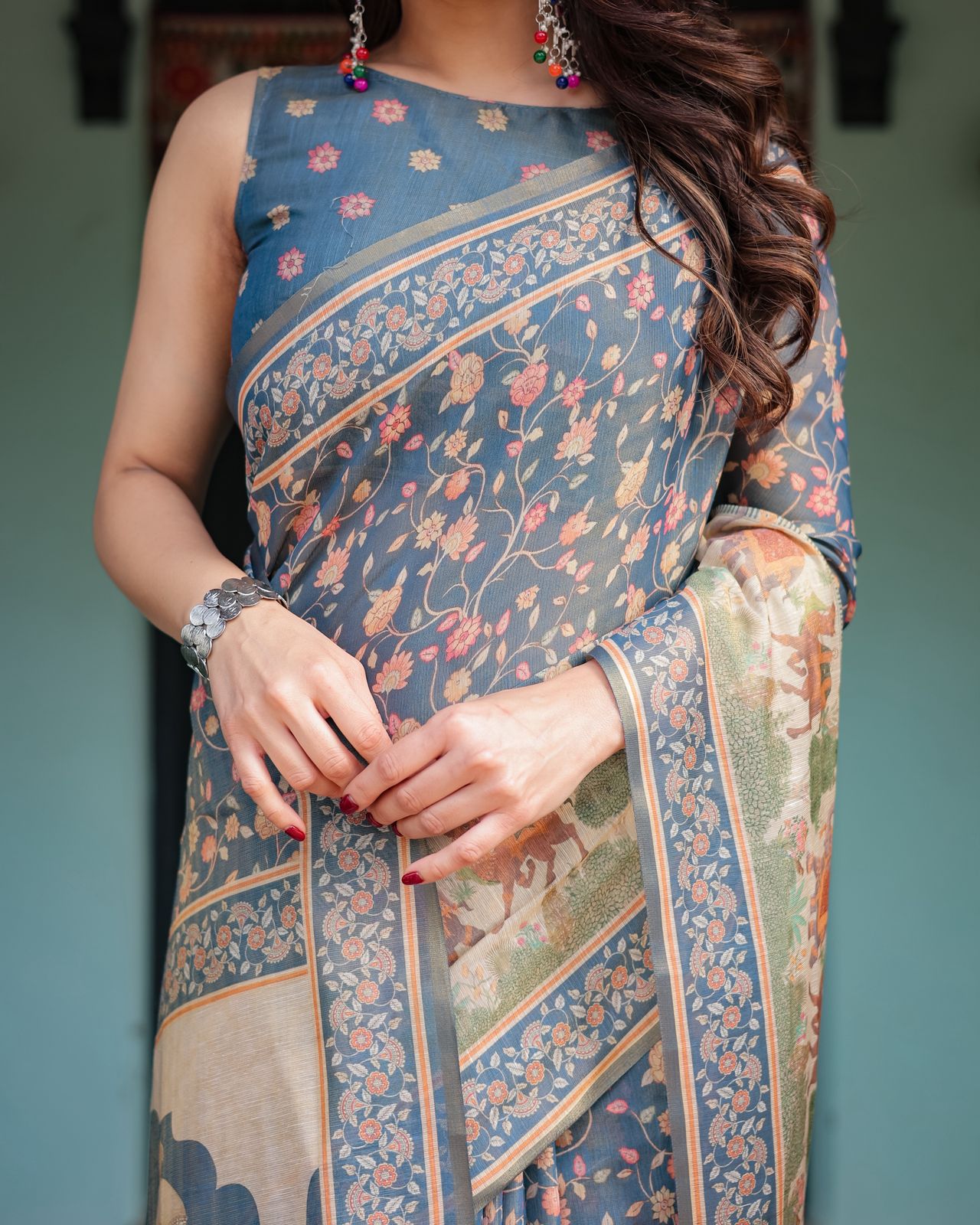 Slate Blue Floral Handloom Saree with Blouse