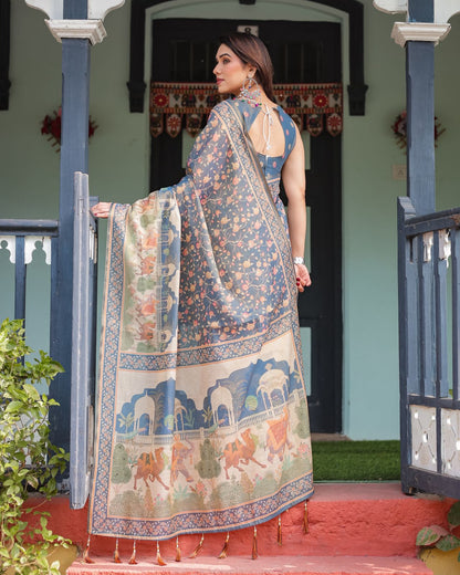 Slate Blue Floral Handloom Saree with Blouse for Women