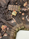 Soft Cotton Brown Digital Print Saree With Work