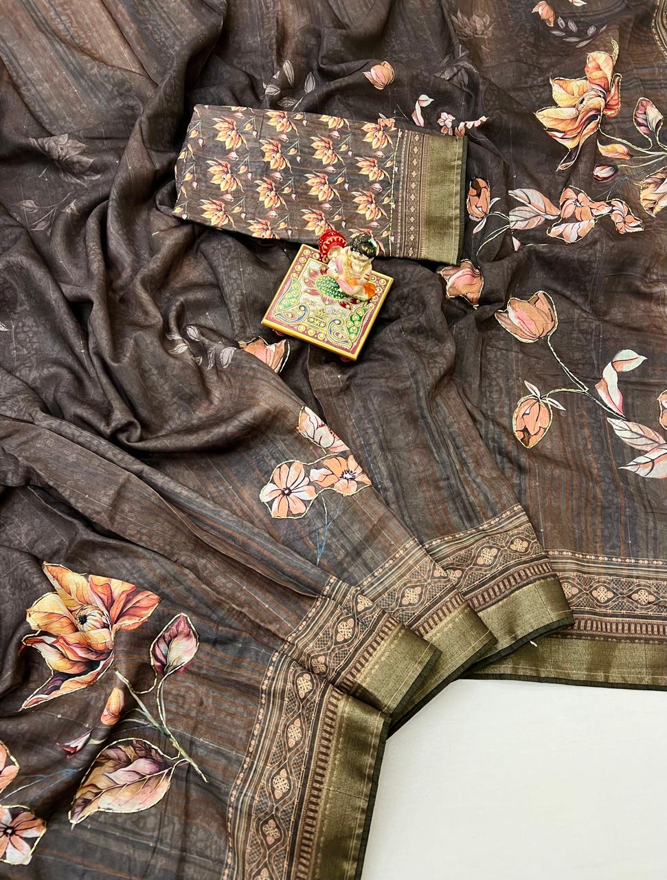 Soft Cotton Brown Digital Print Saree With Work