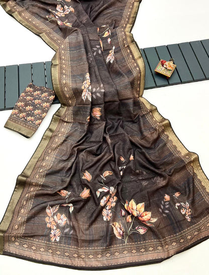 Soft Cotton Brown Digital Print Saree With Work for Women