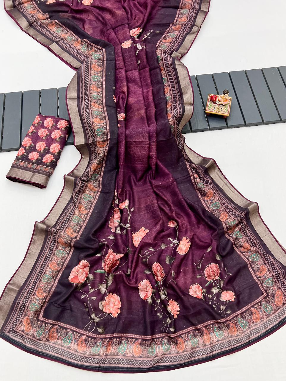 Soft Cotton Wine Digital Print Saree With Work for Women