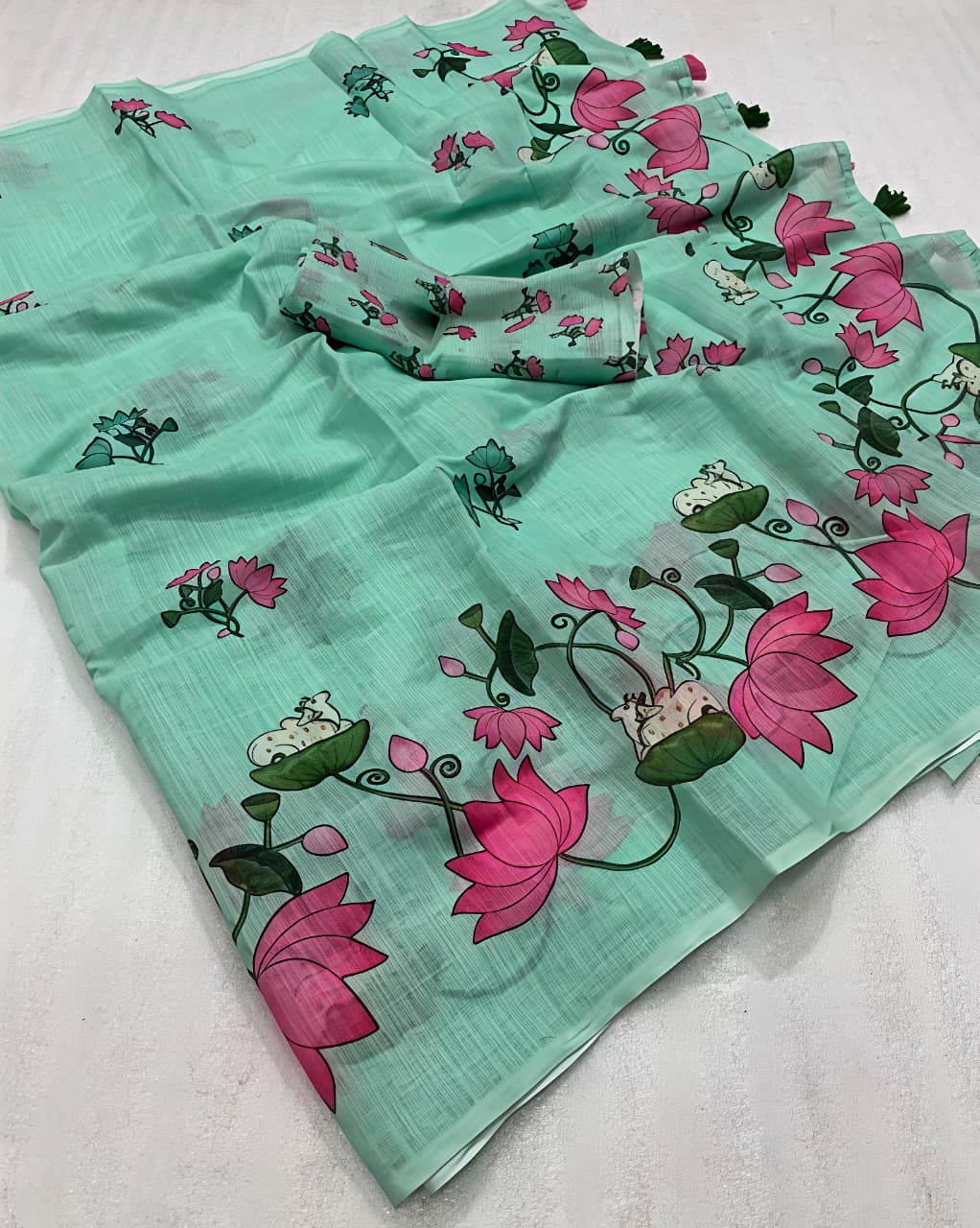 Soft Green Pichwai Lotus Printed Linen Saree for Women