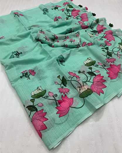 Soft Green Pichwai Lotus Printed Linen Saree for Women