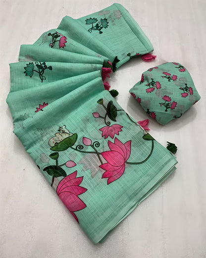 Soft Green Pichwai Lotus Printed Linen Saree for Women