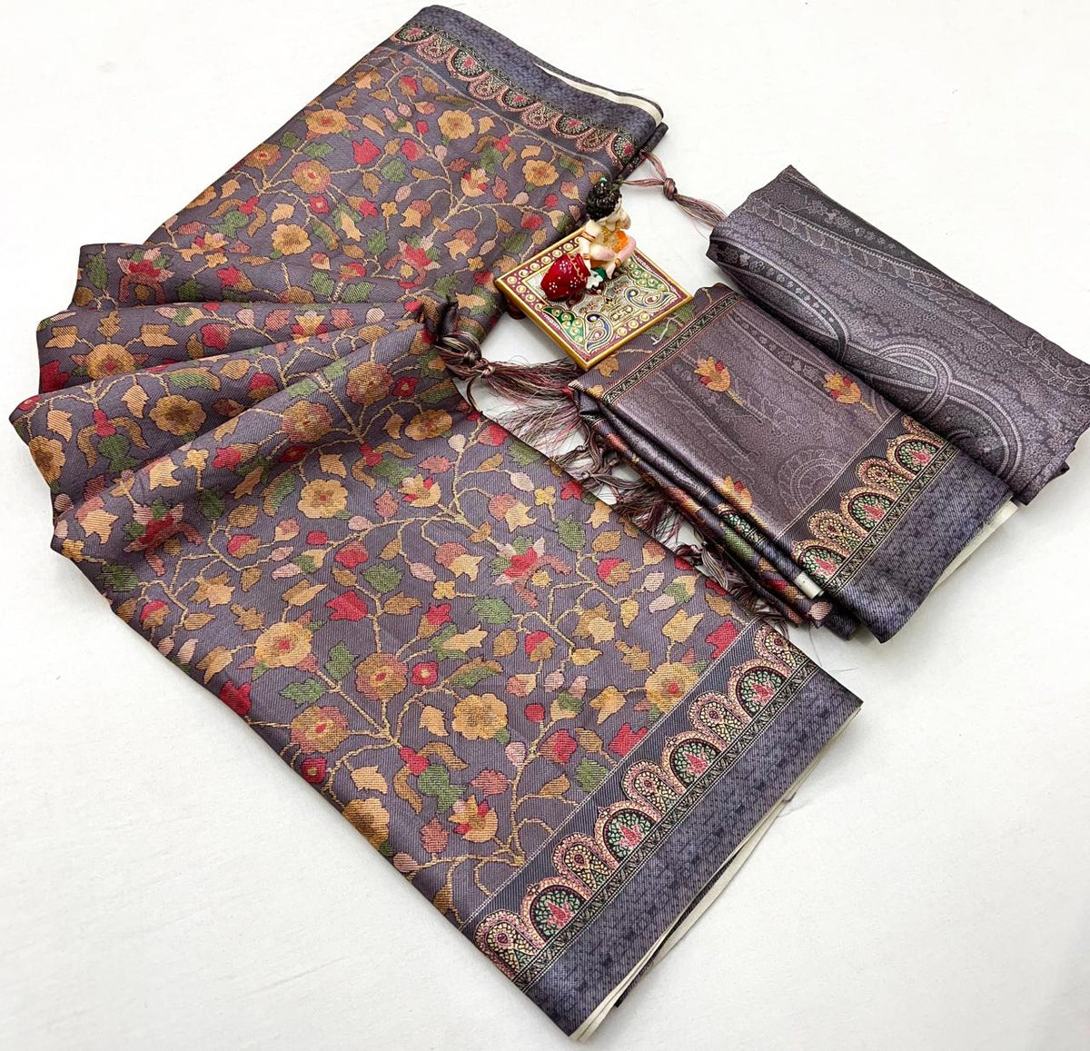 Soft Grey Floral Pashmina Saree With Shawl &amp; Blouse for Women