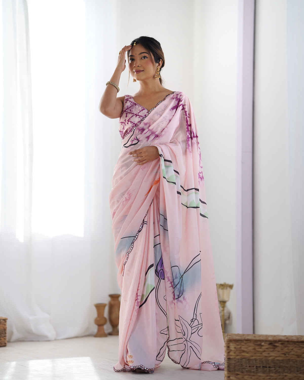 Soft Pink Abstract Print Chinon Saree for Women
