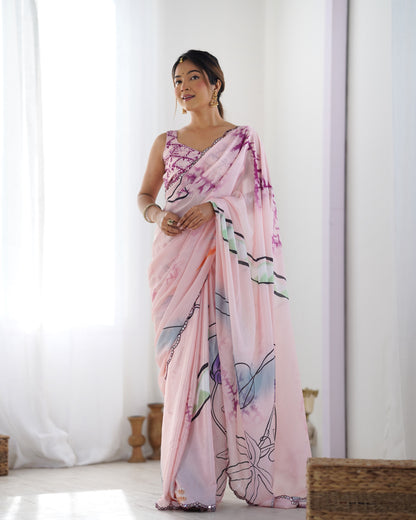 Soft Pink Abstract Print Chinon Saree for Women