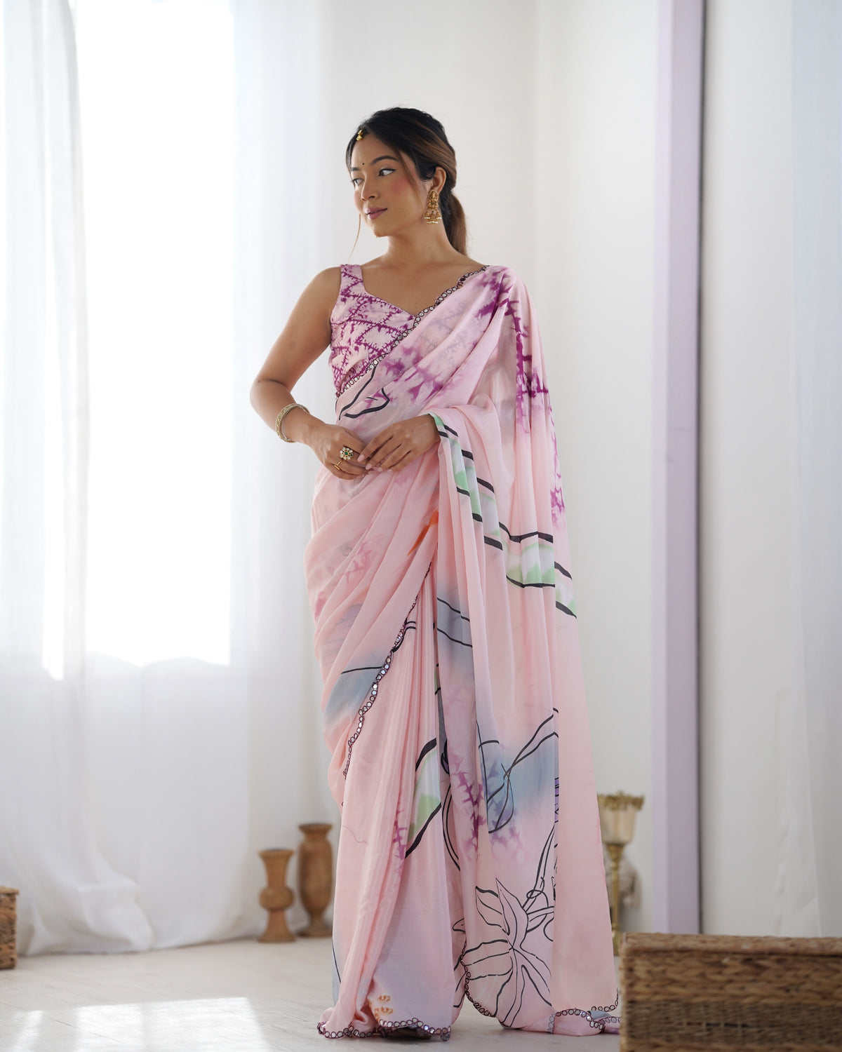 Soft Pink Abstract Print Chinon Saree for Women
