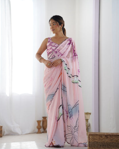 Soft Pink Abstract Print Chinon Saree for Women