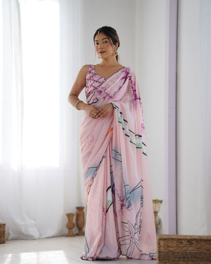 Soft Pink Abstract Print Chinon Saree for Women