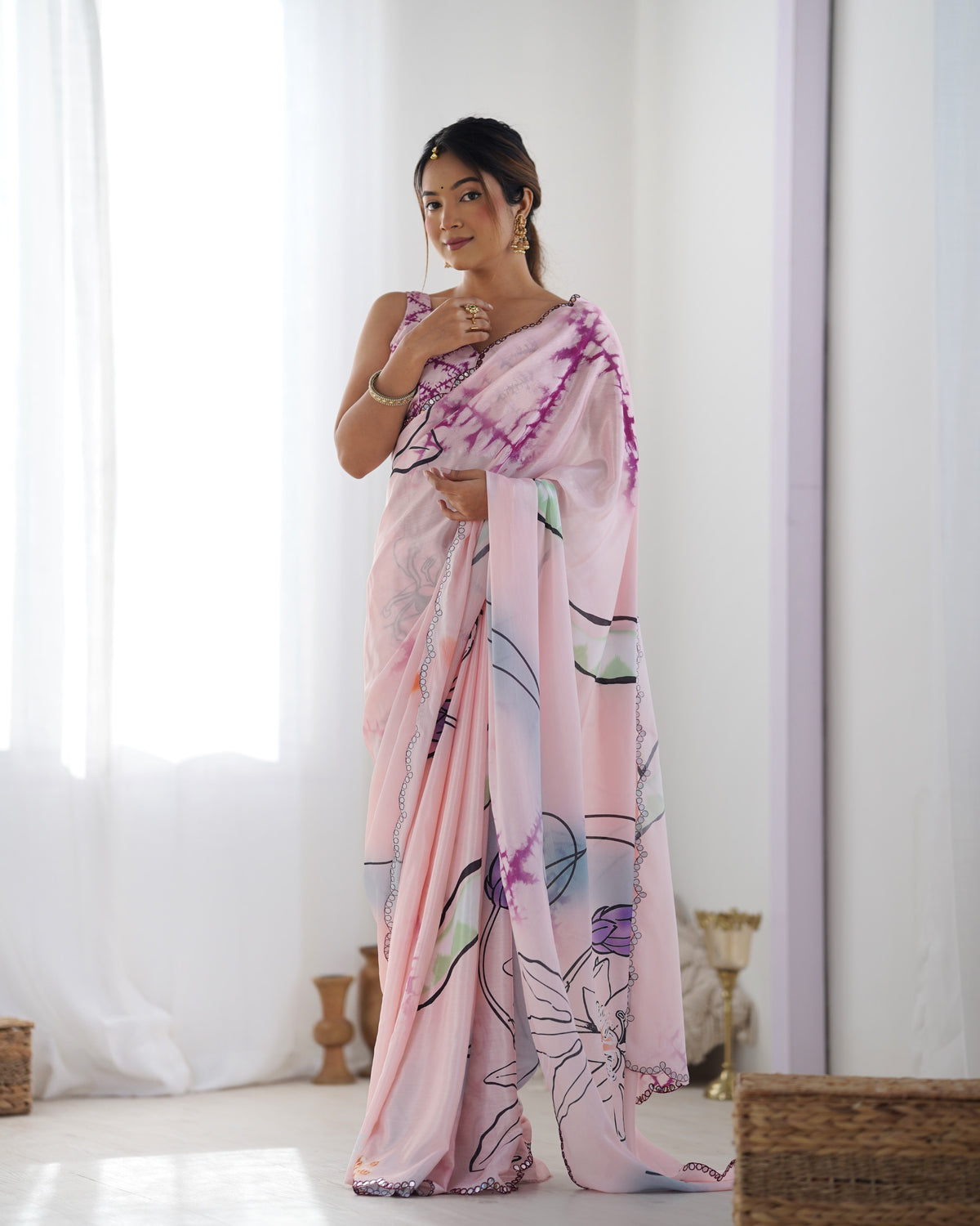 Soft Pink Abstract Print Chinon Saree for Women