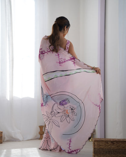 Soft Pink Abstract Print Chinon Saree for Women