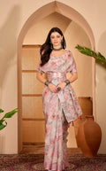 Soft Pink Floral Linen Cotton Saree with Zari Border