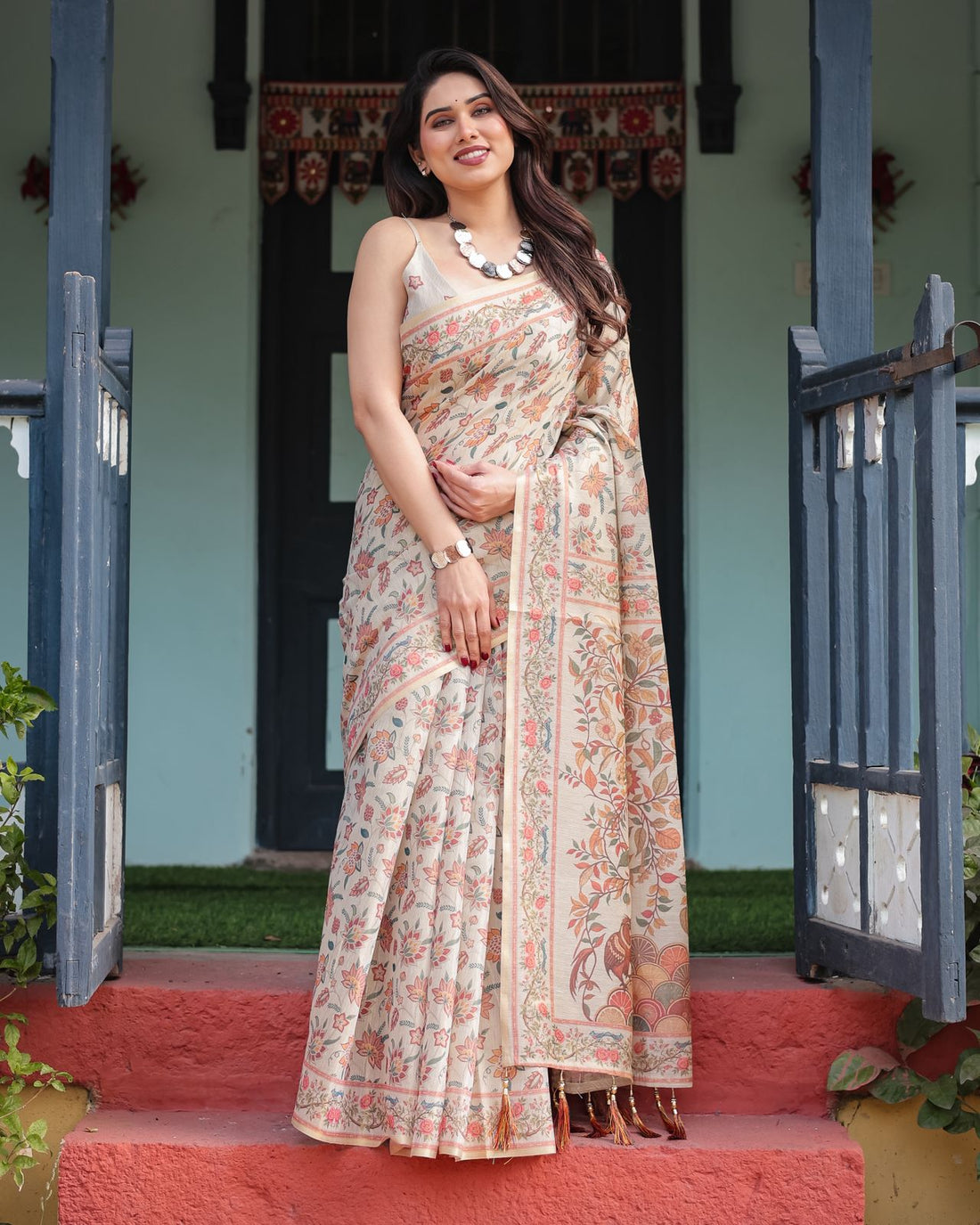 Soft Ivory Saree with Botanical Floral Print Design for Women