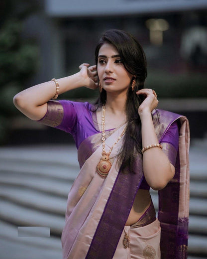 Premium Soft Silk Saree in Beige with Purple Zari Detail for Women