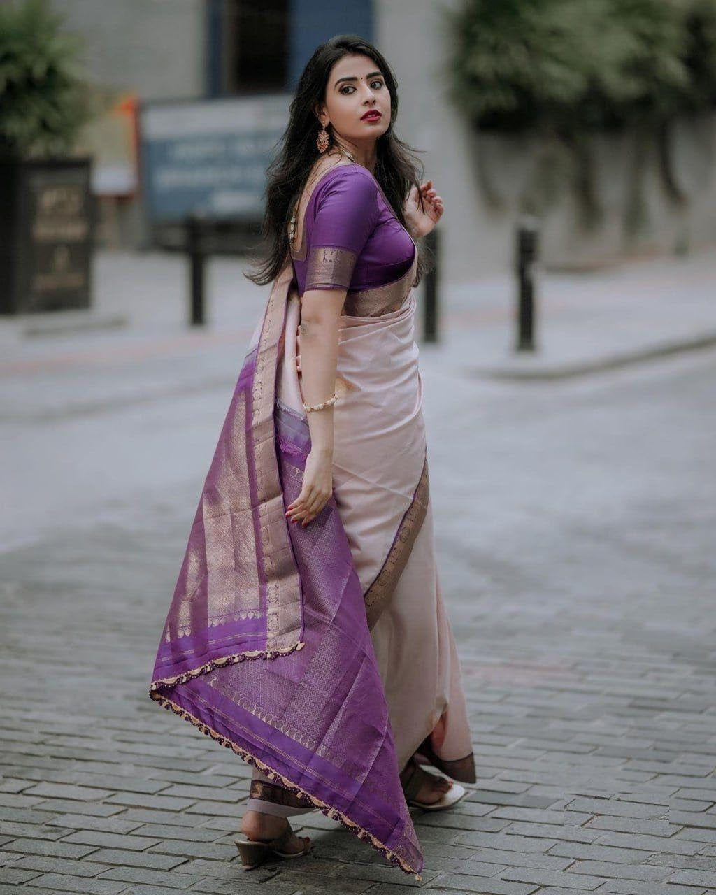 Premium Soft Silk Saree in Beige with Purple Zari Detail for Women