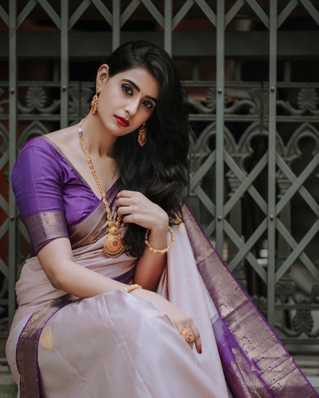 Premium Soft Silk Saree in Beige with Purple Zari Detail for Women