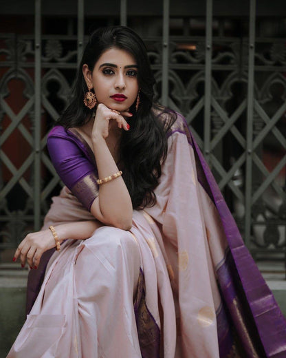 Premium Soft Silk Saree in Beige with Purple Zari Detail for Women