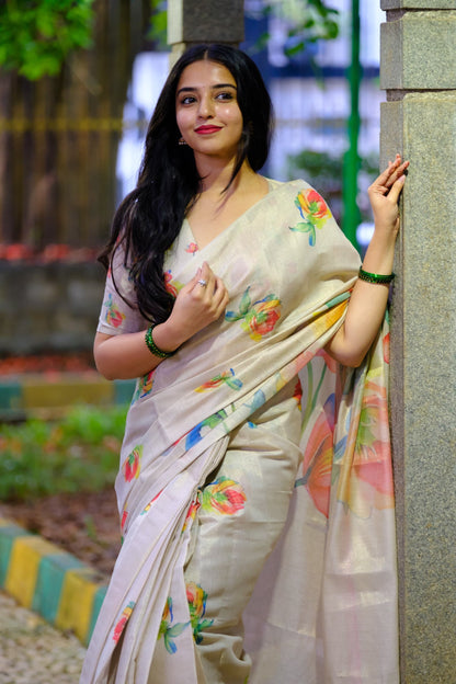 Soft Tussar Silk Floral Saree For Festive Wear for Women