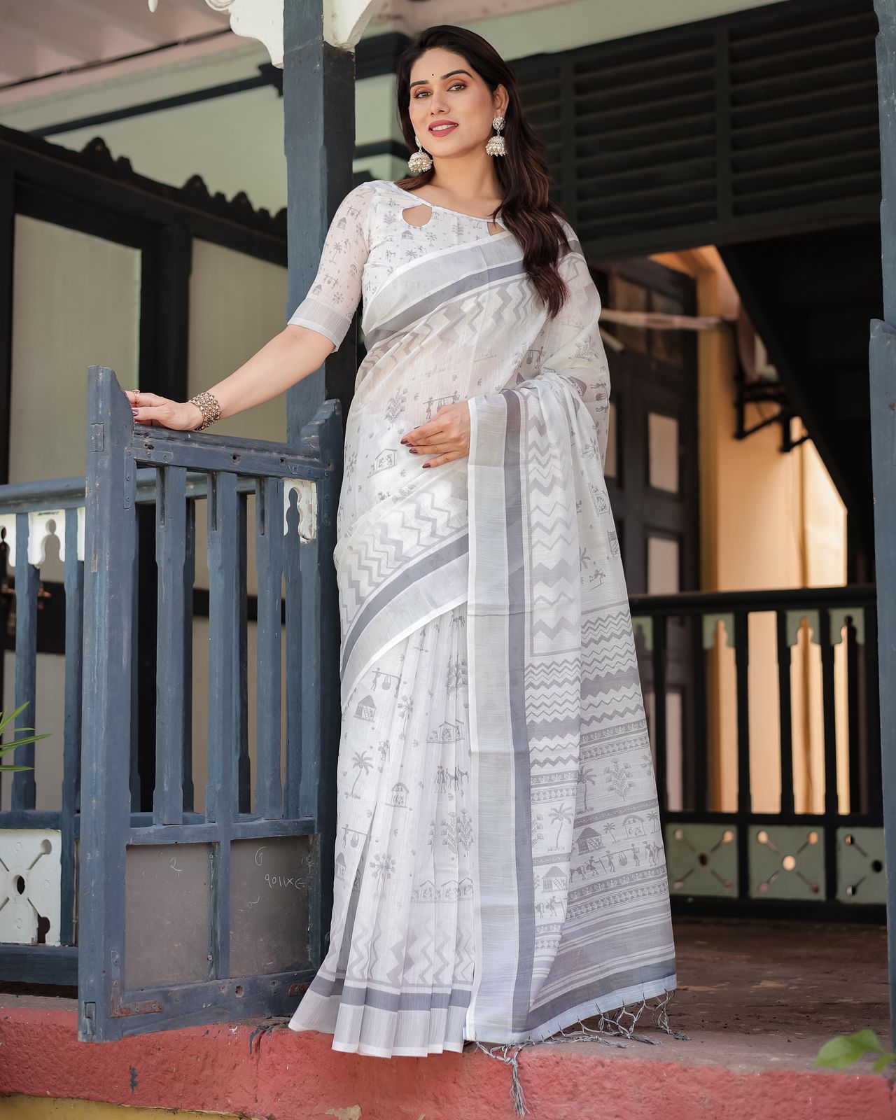 Soft White Linen Saree with Grey Tribal Design