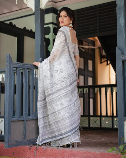 Soft White Linen Saree with Grey Tribal Design for Women