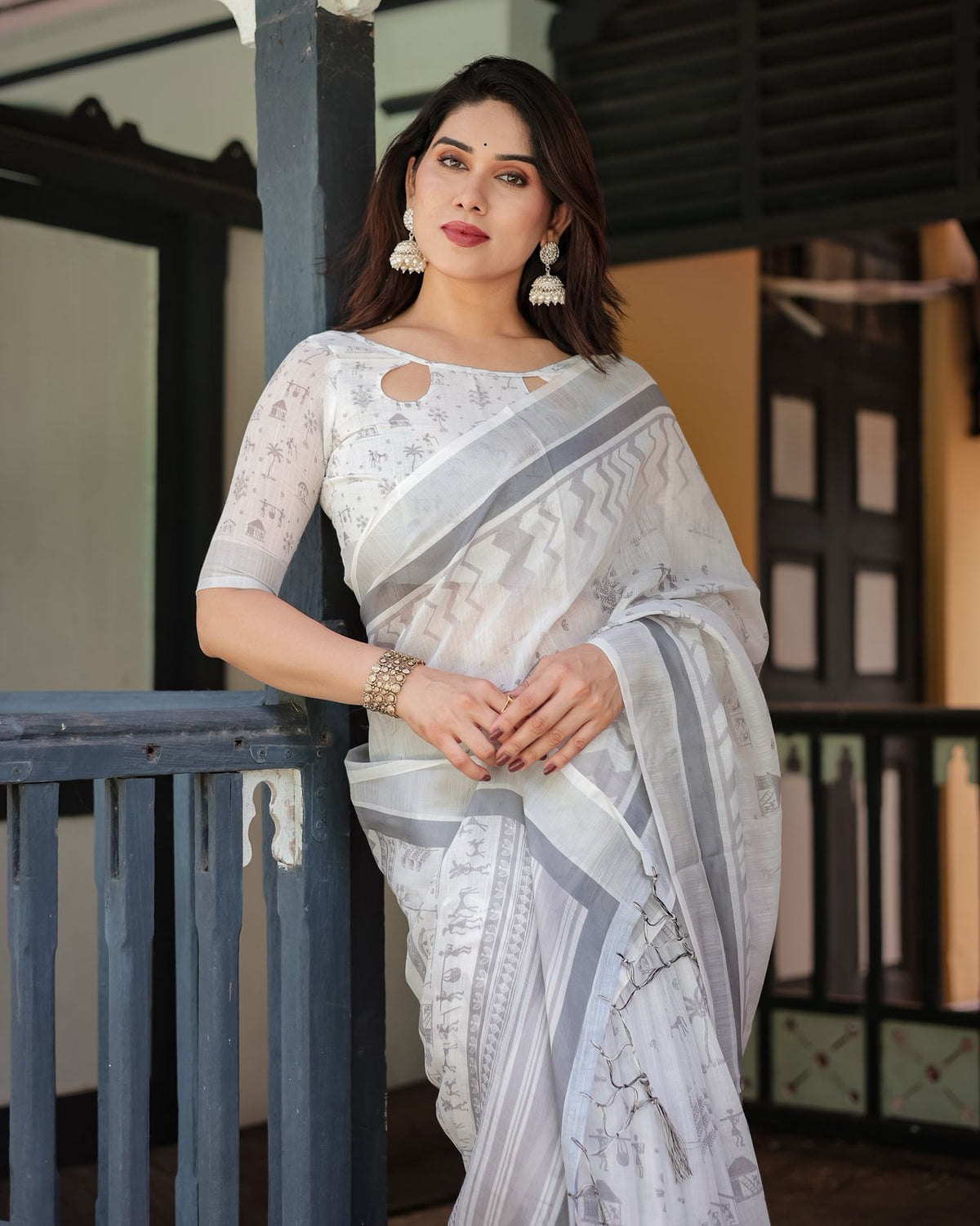 Soft White Linen Saree with Grey Tribal Design for Women