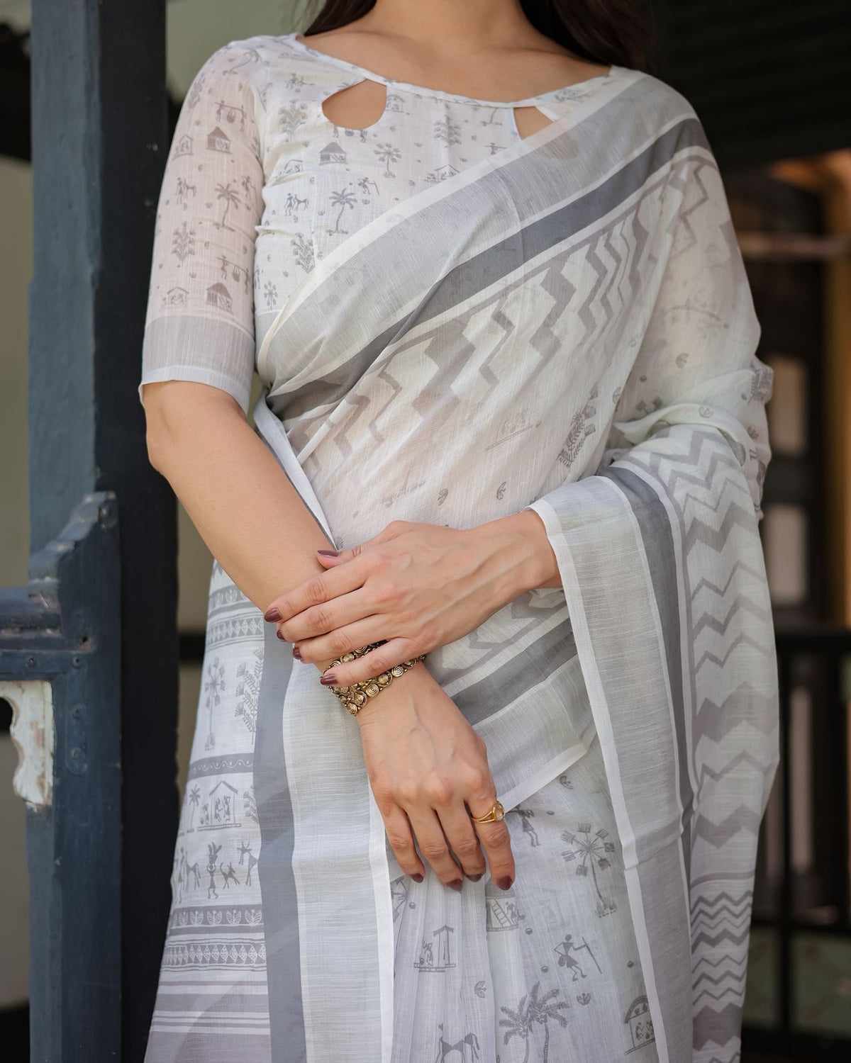 Soft White Linen Saree with Grey Tribal Design for Women