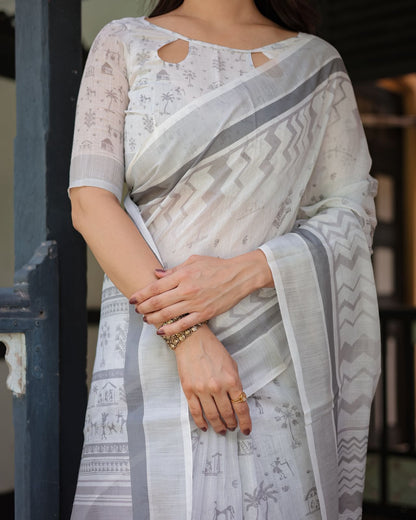 Soft White Linen Saree with Grey Tribal Design for Women