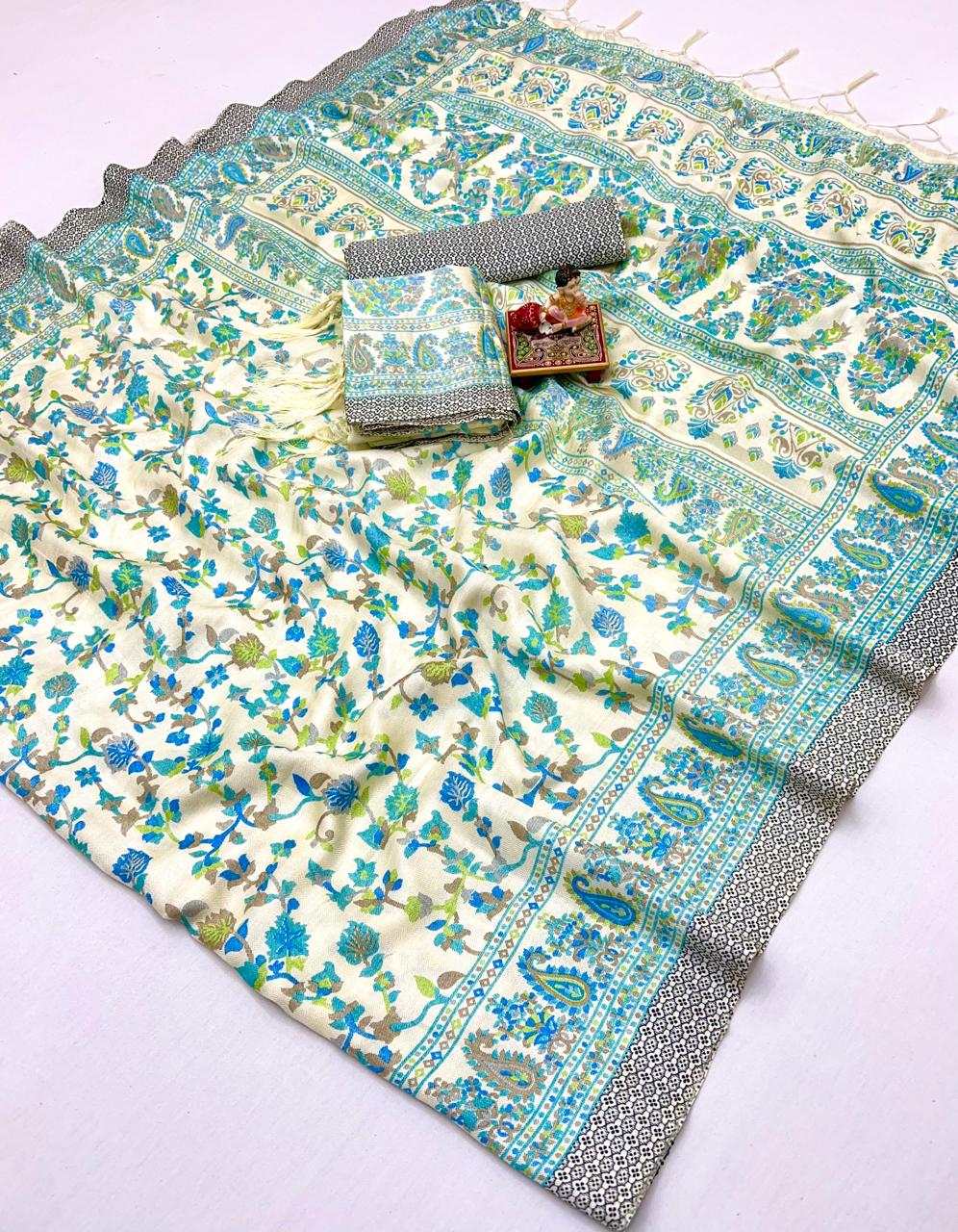 Stylish Cream Pashmina Saree with Blue Floral Design for Women