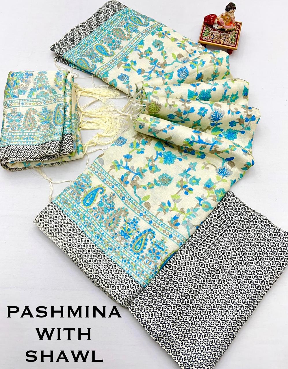 Stylish Cream Pashmina Saree with Blue Floral Design for Women