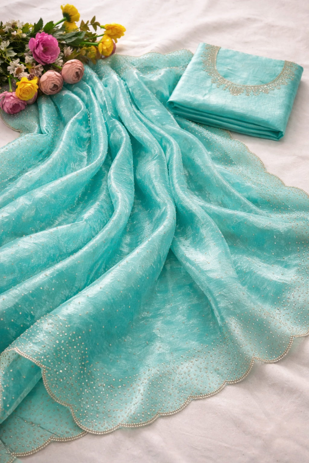 Stylish Sea Green Party Wear Silk Saree with Border for Women