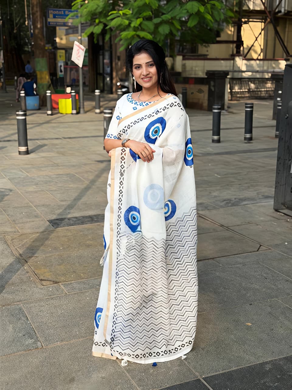 Stylish Linen Saree With Evil Eye Print &amp; Tassels for Women
