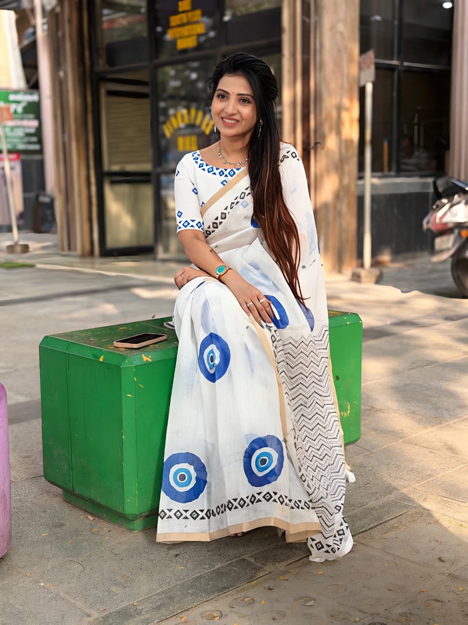 Stylish Linen Saree With Evil Eye Print &amp; Tassels for Women