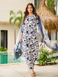 Stylish Navy Floral Silk Kurta Pant Dupatta Set