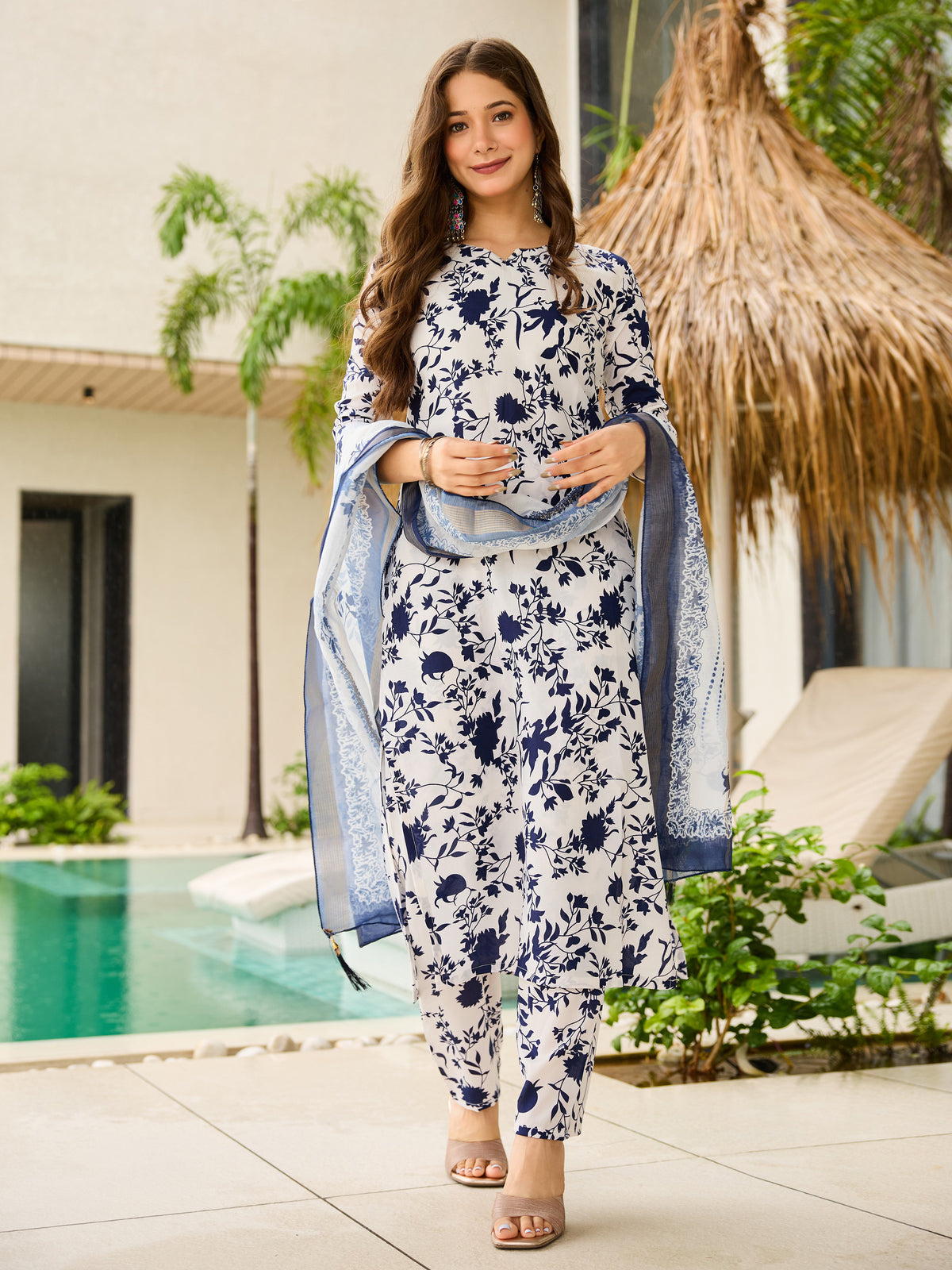 Stylish Navy Floral Silk Kurta Pant Dupatta Set for Women
