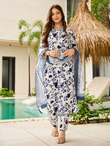 Stylish Navy Floral Silk Kurta Pant Dupatta Set for Women