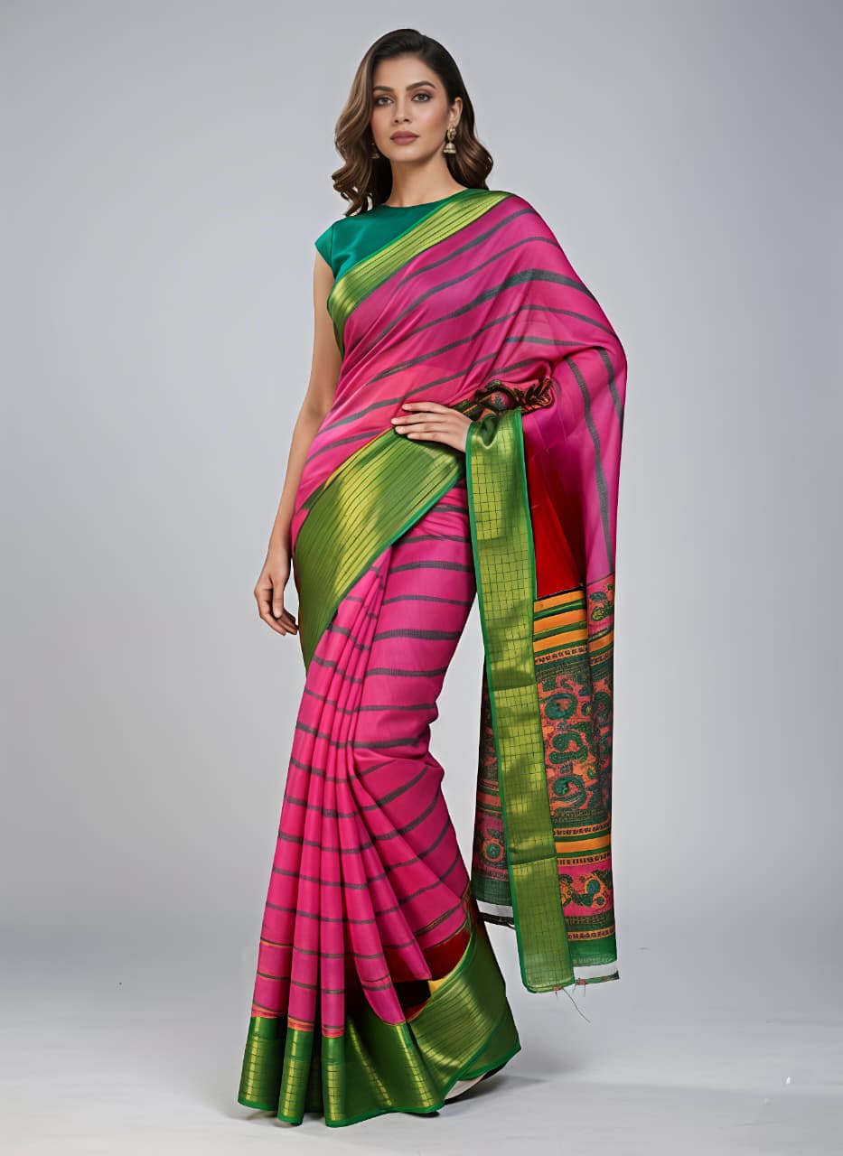 Stylish Pink Silk Saree with Rich Green Pallu Design for Women