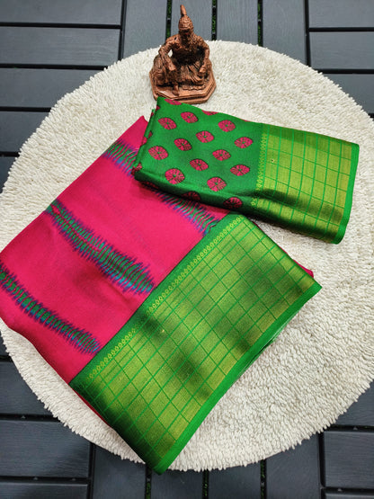 Stylish Pink Silk Saree with Rich Green Pallu Design for Women