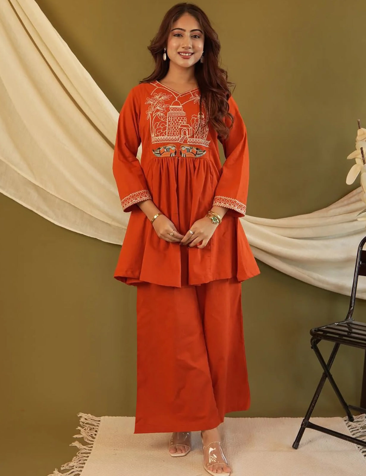 Stylish Rust Orange Ethnic Co-Ord Set for Women