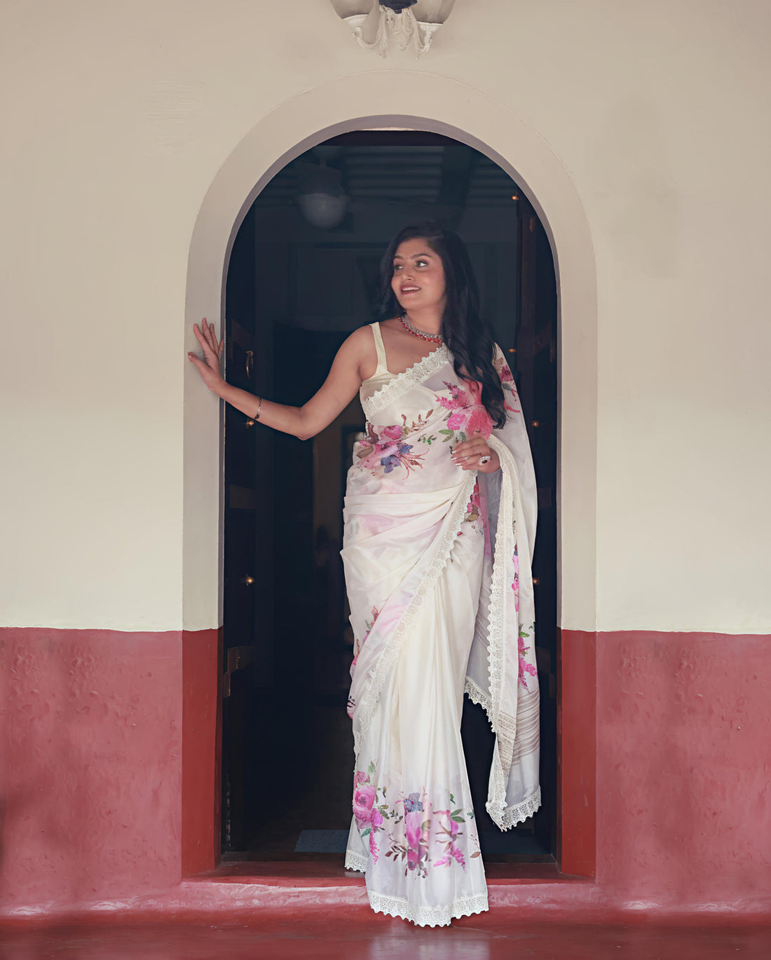 Sundari Floral Print Marshmallow Saree with Lace Border for Women
