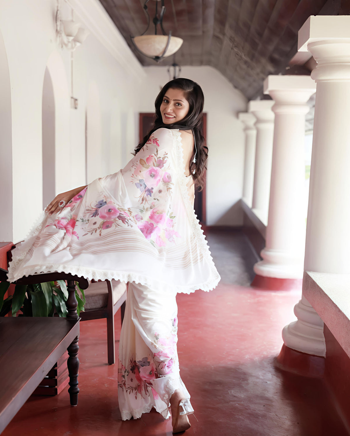 Sundari Floral Print Marshmallow Saree with Lace Border for Women