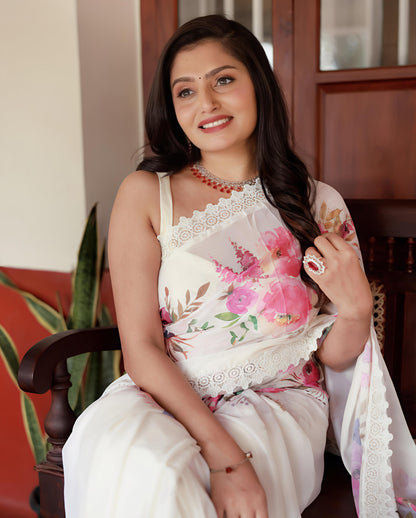 Sundari Floral Print Marshmallow Saree with Lace Border for Women