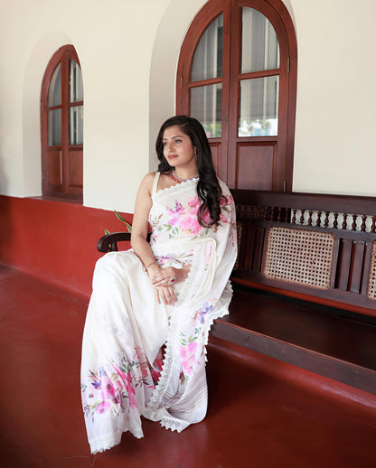 Sundari Floral Print Marshmallow Saree with Lace Border for Women
