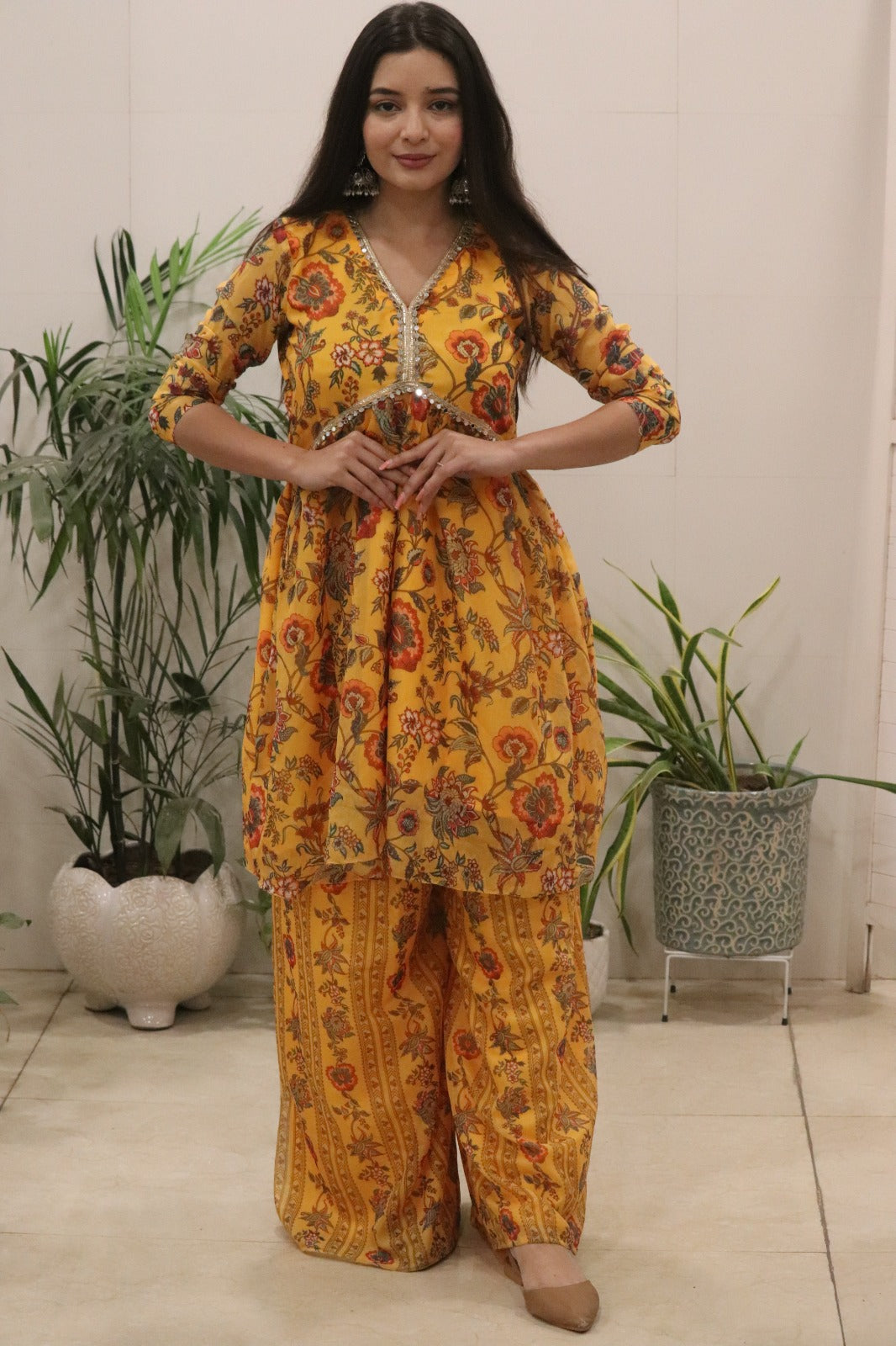 Sunshine Mustard Floral Organza Kurti Palazzo Set for Women