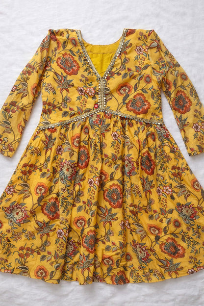 Sunshine Mustard Floral Organza Kurti Palazzo Set for Women