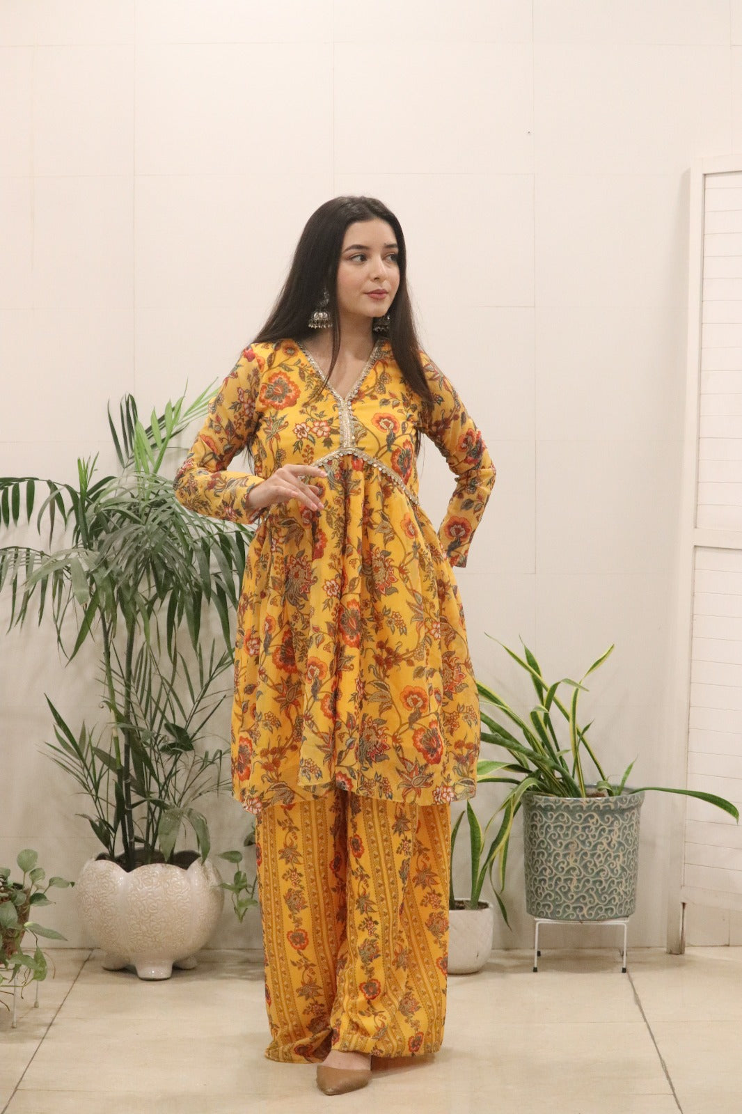 Sunshine Mustard Floral Organza Kurti Palazzo Set for Women